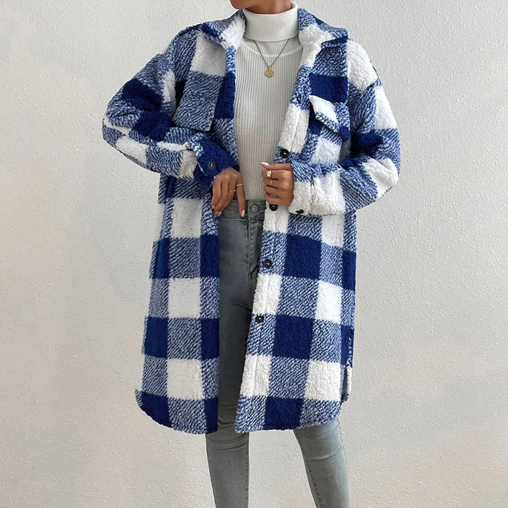 Trendy women's plaid jacket, a versatile & warm coat for casual style, winter fashion, and fall layering.