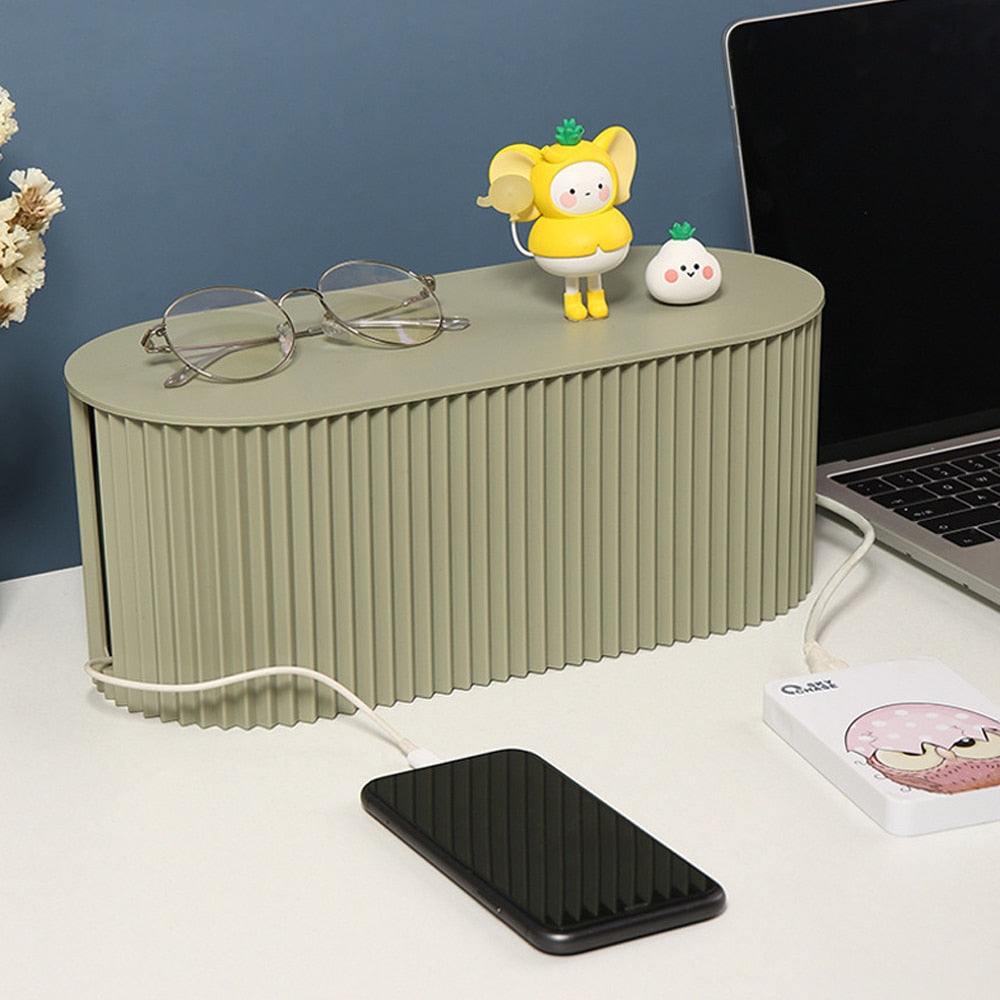 Tech accessory storage: organizer boxes discreetly hide messy cables, power strips, and chargers.