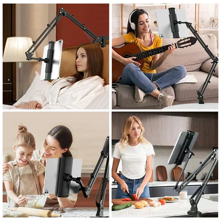 Tablet desk mount with robust adjustable arm, 360° rotation for optimal viewing comfort.
