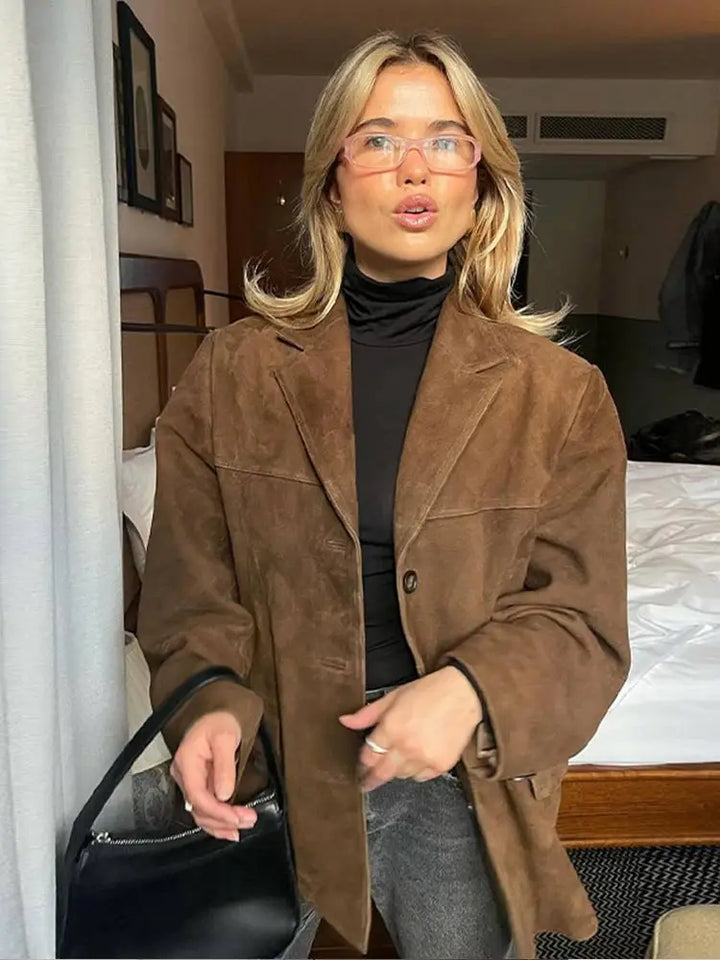 New brown women's classic outerwear jacket, combining durability with elegant everyday fashion.