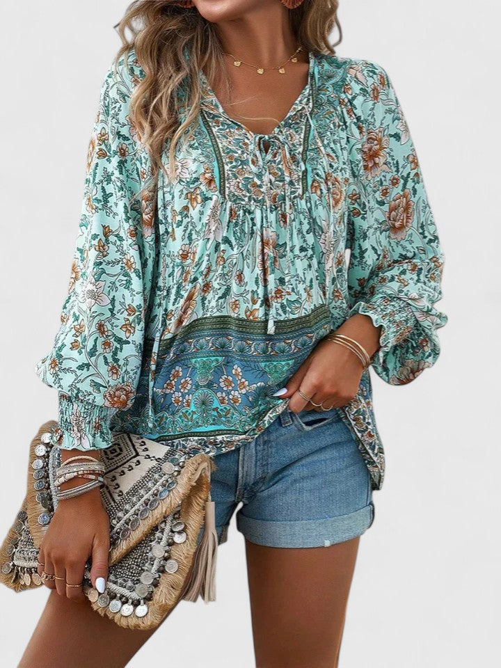 Women's Boho V-Neck Lace-Up Blouse