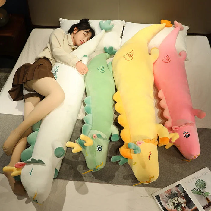 Soft dragon body pillow for magical sleep support. Unisex comfort, full body relaxation, unique bedroom decor.