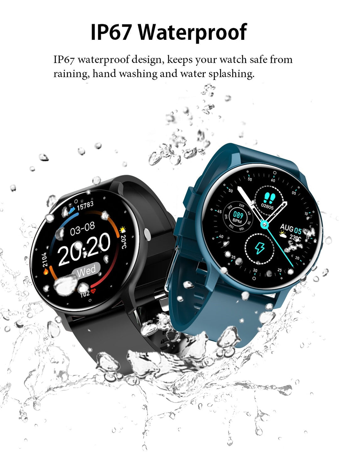 Ultra-slim smartwatch with touchscreen, water resistance. Full fitness tracking, heart rate, sleep & daily notifications.