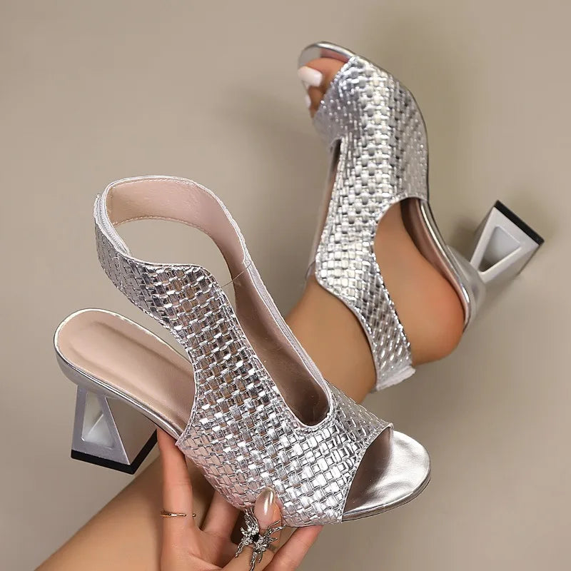 Stylish gold orthopedic open-toe heels for women, featuring ankle strap & all-day comfort. Great for events.
