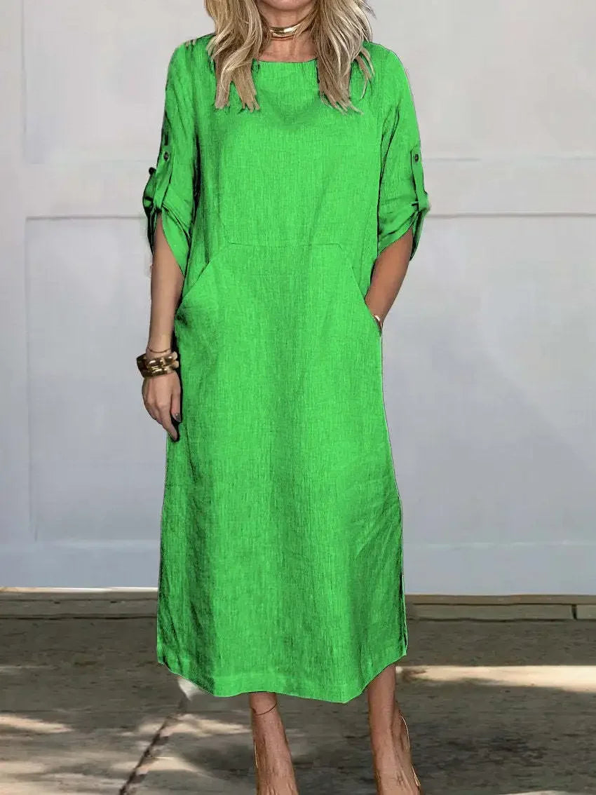 Women's casual A-line maxi dress, breezy and comfortable. Ideal for summer fashion, relaxed fit day wear.