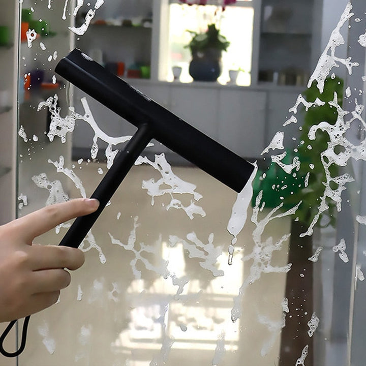 Modern bathroom squeegee for streak-free glass shower screens. Includes a convenient adhesive hook for storage.
