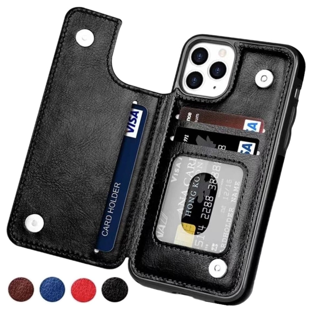 Unisex iPhone 16 leather wallet case with card holder & strong magnetic closure.