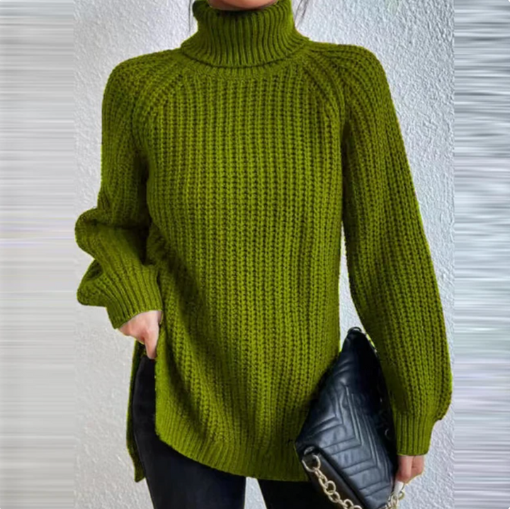 Women's fall style turtleneck sweater, chic ribbed knit long sleeve top.