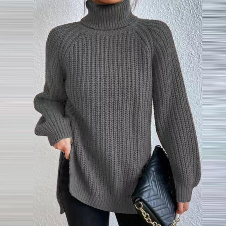 Slim fit ribbed knit women's turtleneck, timeless elegant winter fashion essential.