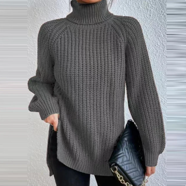 Slim fit ribbed knit women's turtleneck, timeless elegant winter fashion essential.