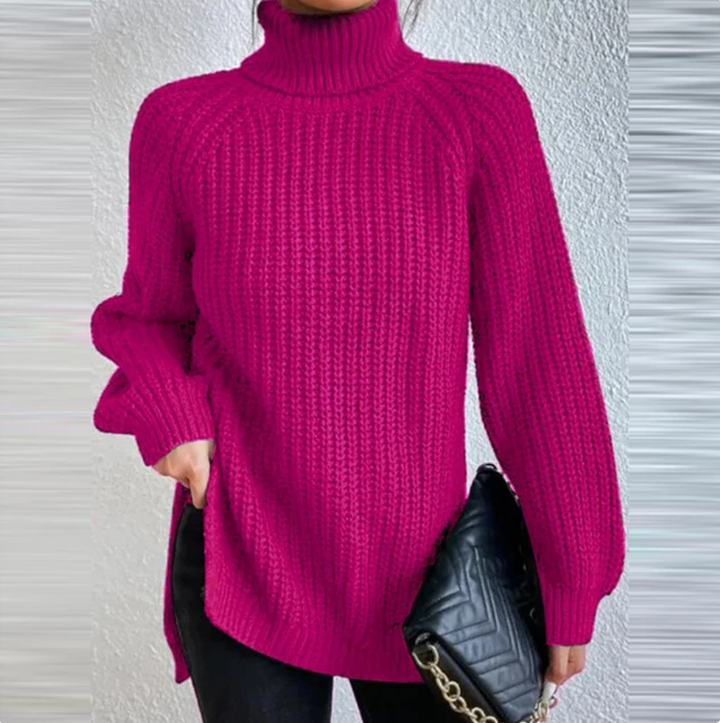 Elegant women's turtleneck sweater, versatile long sleeve knitwear top for cold weather.