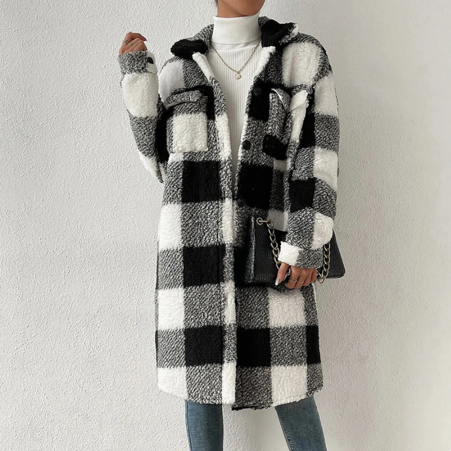 Fashionable women's checkered jacket. Enjoy warm comfort & style with this versatile fall & winter outerwear.