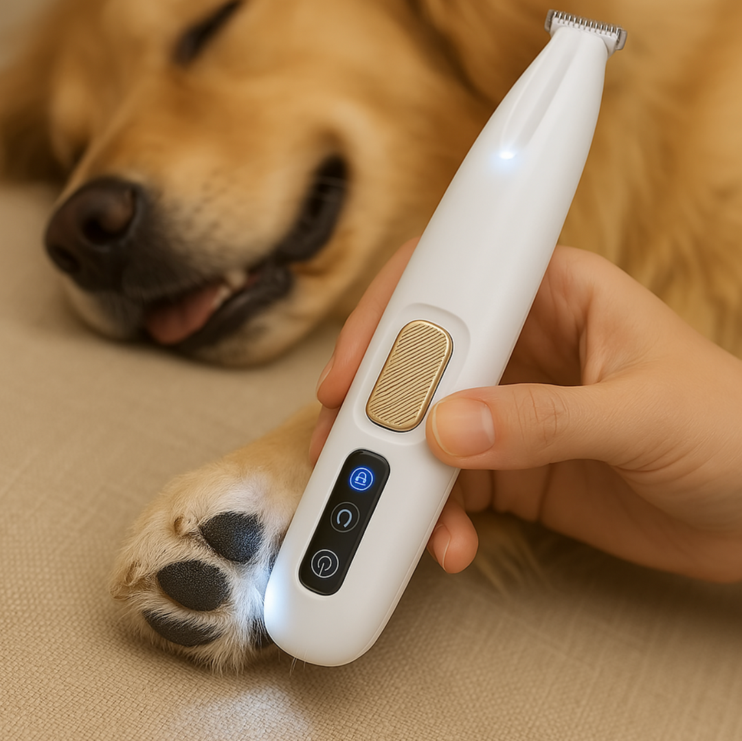 Cordless SilentPaws dog paw trimmer with LED light for quiet, precise pet grooming & nail trimming.