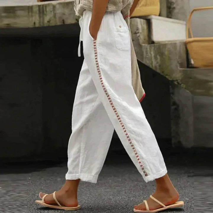 Women's Wide Leg Linen Trousers with Drawstring Waist