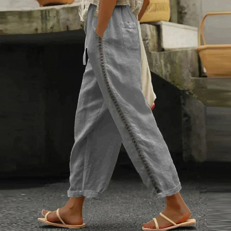 Women's Wide Leg Linen Trousers with Drawstring Waist