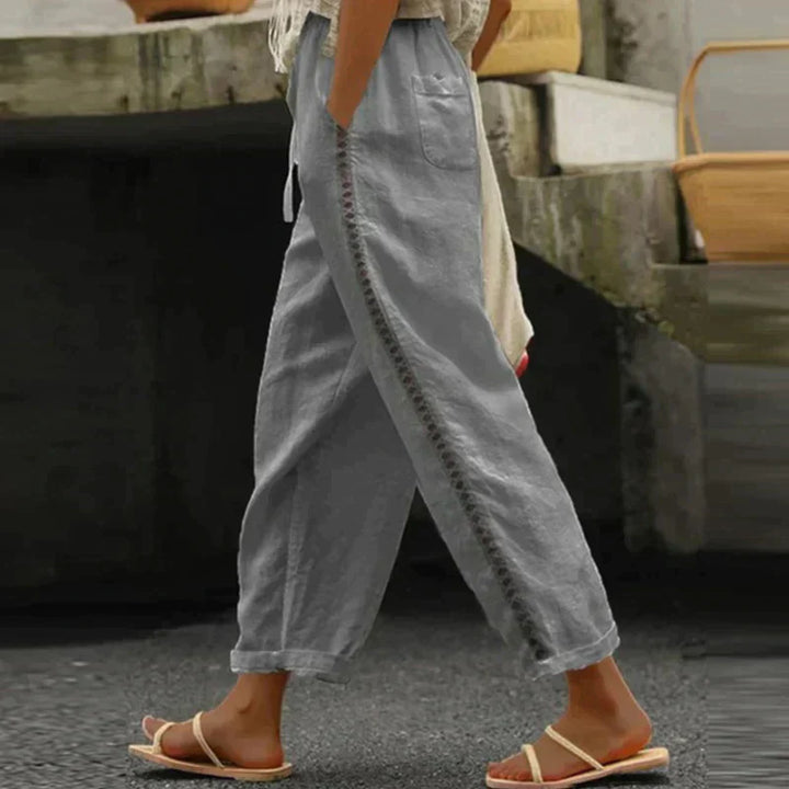 Women's Wide Leg Linen Trousers with Drawstring Waist