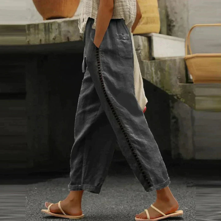 Women's Wide Leg Linen Trousers with Drawstring Waist