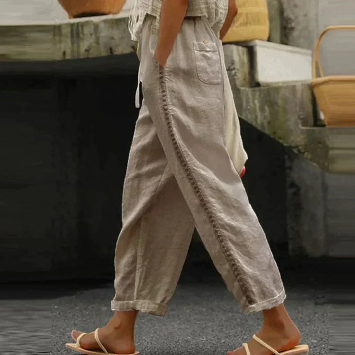 Women's Wide Leg Linen Trousers with Drawstring Waist
