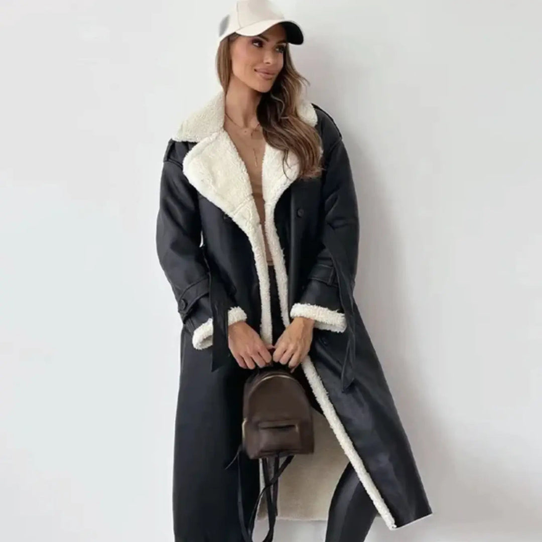 Women's warm long winter coat with plush teddy collar & belt. Ideal for cold weather. Elegant classic outerwear.