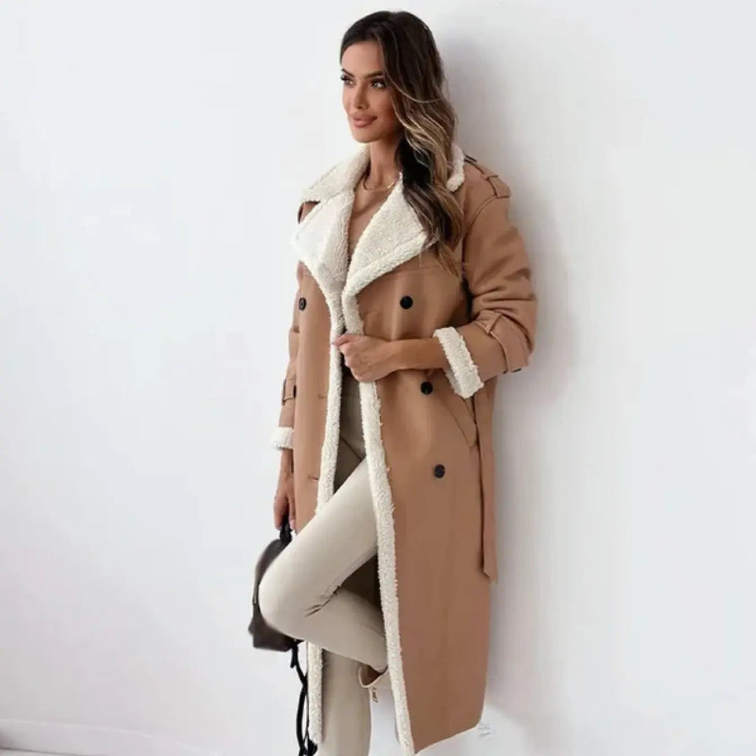 Elegant women's belted long winter coat with plush teddy collar, perfect for everyday fashion & cold weather style.