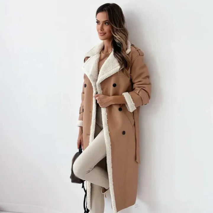 Elegant women's belted long winter coat with plush teddy collar, perfect for everyday fashion & cold weather style.