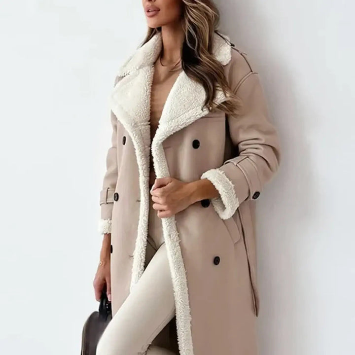 Cozy women's long winter coat with a warm plush teddy collar. Belted for an elegant fit, perfect for chilly winter days.