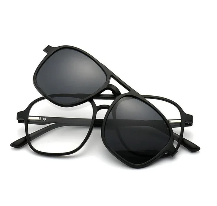 Close-up of FlexView 6-in-1 sunglasses showcasing multiple interchangeable lenses for various light conditions & styles.