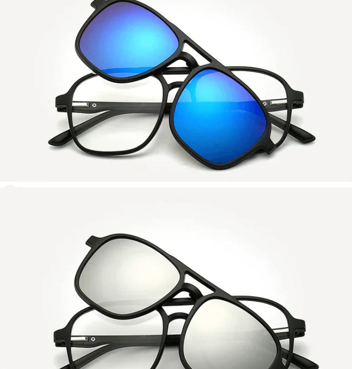 FlexView 6-in-1 interchangeable lens sunglasses set, displaying all colorful UV400 protective lens options.