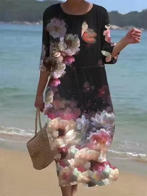 Close-up of the intricate floral pattern on a women's elegant tummy control midi dress.