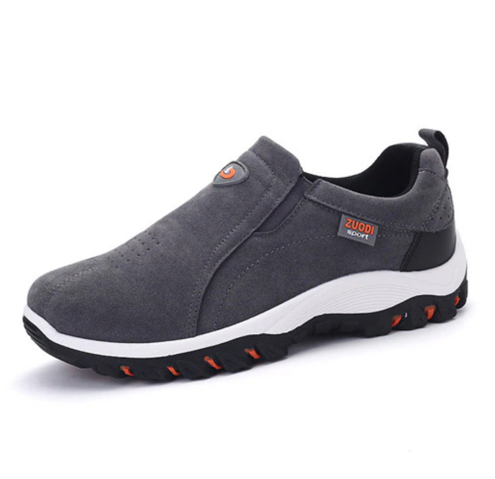Casual slip-on men's orthopedic shoes, grey, combining comfort, support, and easy daily wear.