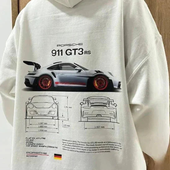 Casual oversized automotive apparel with racing-inspired patterns and gear zipper.