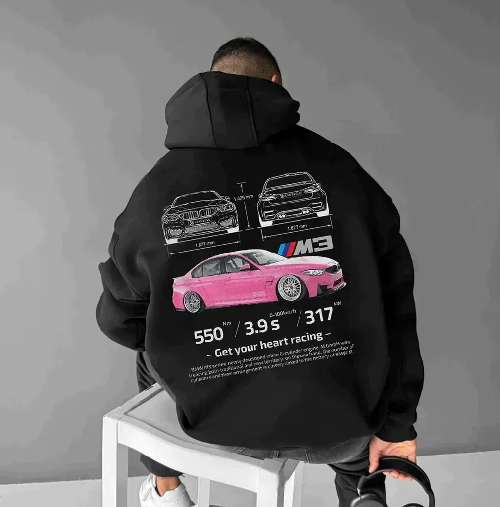 Comfort fit oversized hoodie with unique automotive pattern, a must-have for car fans.