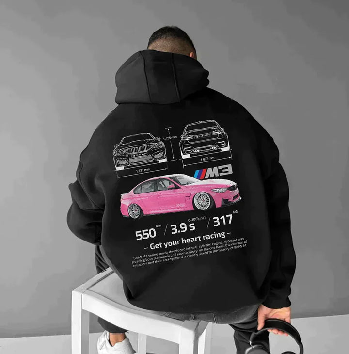 Comfort fit oversized hoodie with unique automotive pattern, a must-have for car fans.