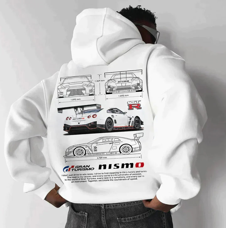 Automotive-themed oversized hoodie for car lovers, comfortable & stylish.