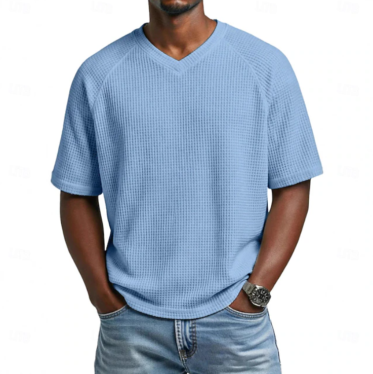 Men's V-neck short sleeve textured shirt. Comfortable, relaxed fit for casual everyday style.