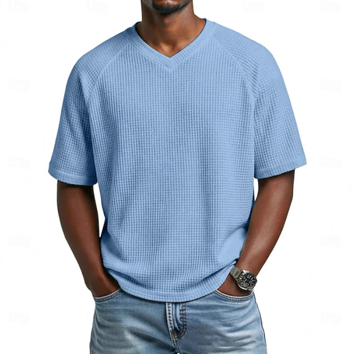 Men's V-neck short sleeve textured shirt. Comfortable, relaxed fit for casual everyday style.