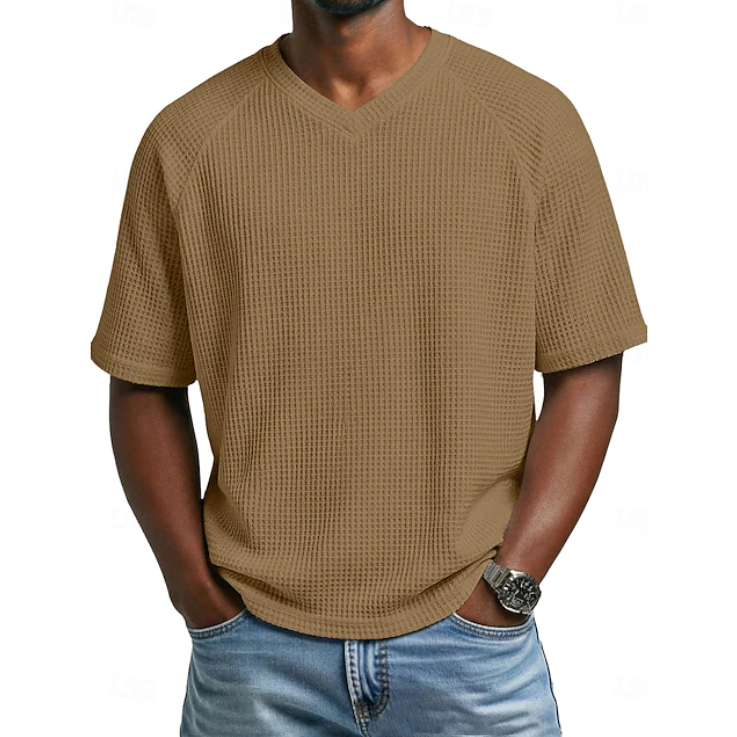 Men's textured V-neck short sleeve shirt. Soft, comfortable, and relaxed fit for versatile menswear.