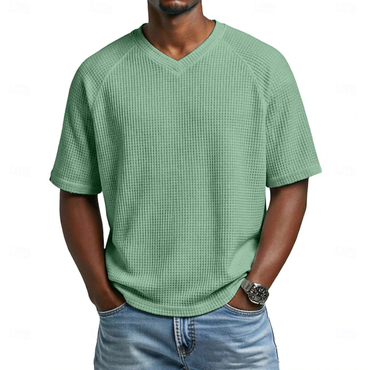 Versatile men's V-neck short sleeve textured top. Comfortable and relaxed fit for daily casual wear.