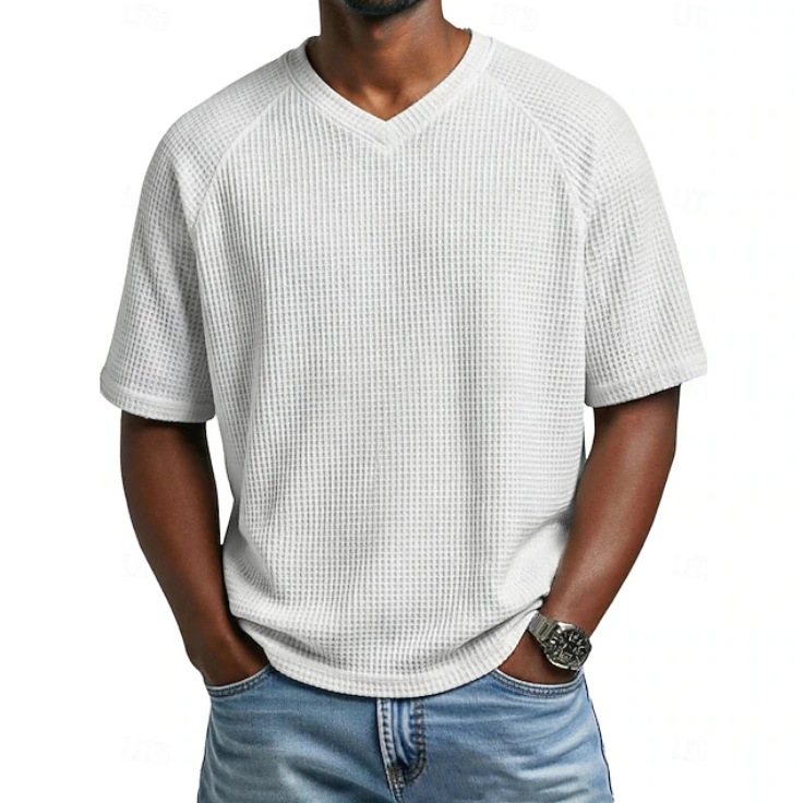 Men's comfortable V-neck short sleeve textured casual shirt. Relaxed fit menswear, great for summer.