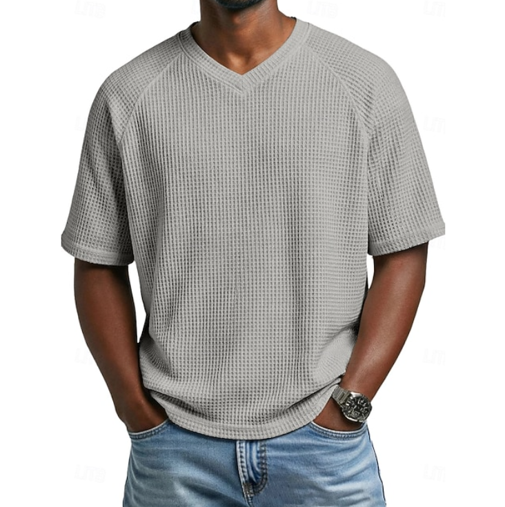Stylish men's V-neck short sleeve textured shirt. Comfortable relaxed fit, perfect for casual summer wear.