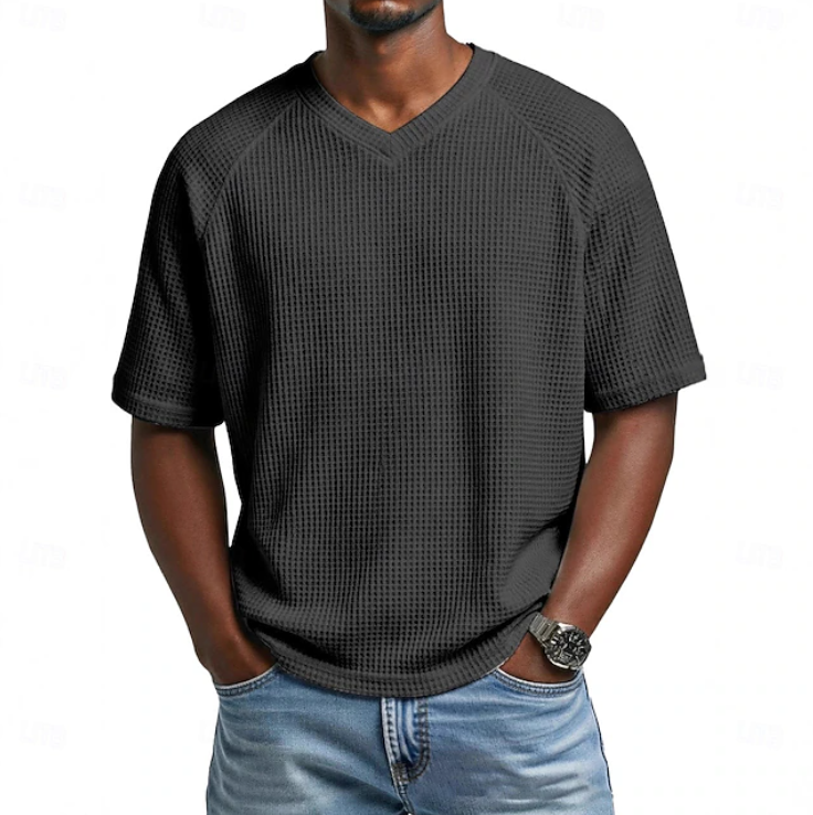 Everyday men's V-neck short sleeve textured shirt. Comfortable, relaxed fit, and versatile casual menswear.