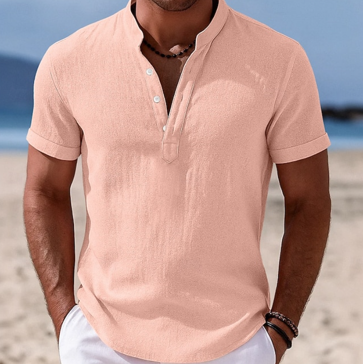 Classic men's short sleeve button-up summer shirt. Ideal for warm weather, casual, breathable, and stylish.