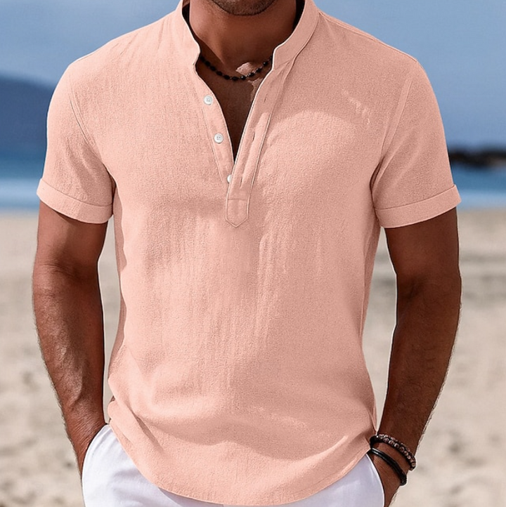 Classic men's short sleeve button-up summer shirt. Ideal for warm weather, casual, breathable, and stylish.