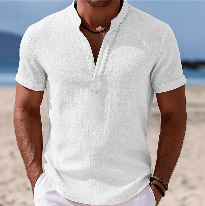 Men's elegant summer short sleeve button-up shirt, designed for comfort & versatile casual everyday style.