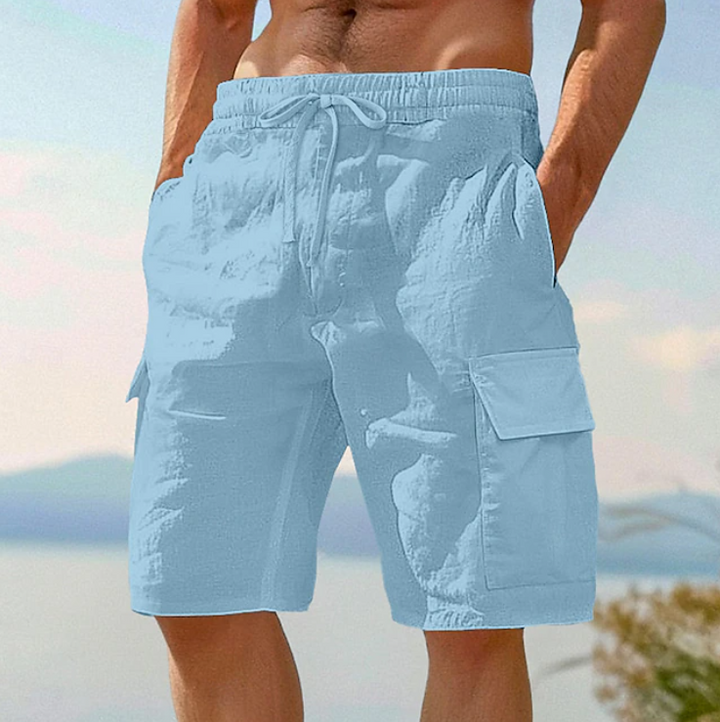 Stylish men's relaxed fit cargo shorts, multi-pocket design, perfect for warm weather casual fashion.