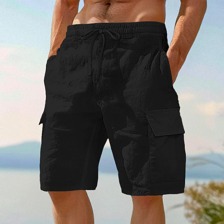 Men's relaxed fit summer cargo shorts with practical pockets, ideal for casual and outdoor warm weather wear.