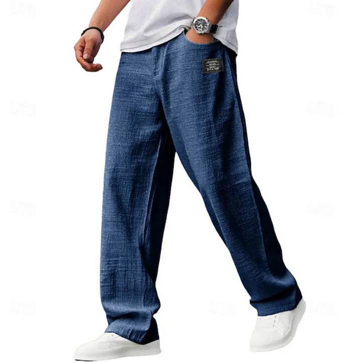 Men's casual pants with an adjustable waist, providing a comfortable, loose fit for daily wear.