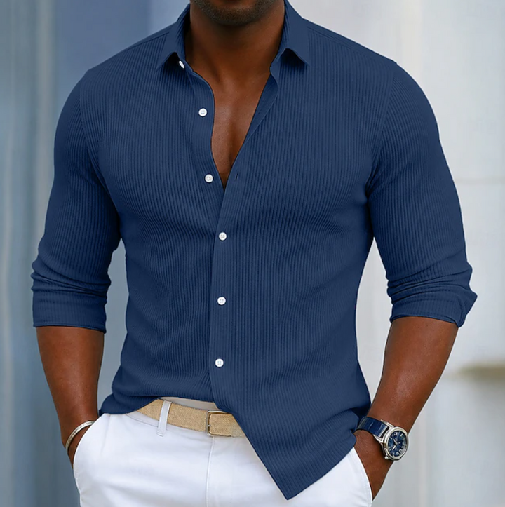 Comfortable long sleeve men's slim fit Henley shirt, ideal for versatile everyday fashion and smart casual outfits.