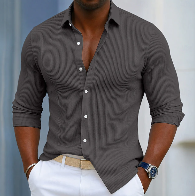 Classic men's slim fit long sleeve Henley shirt in a modern design, perfect for versatile everyday casual wear.