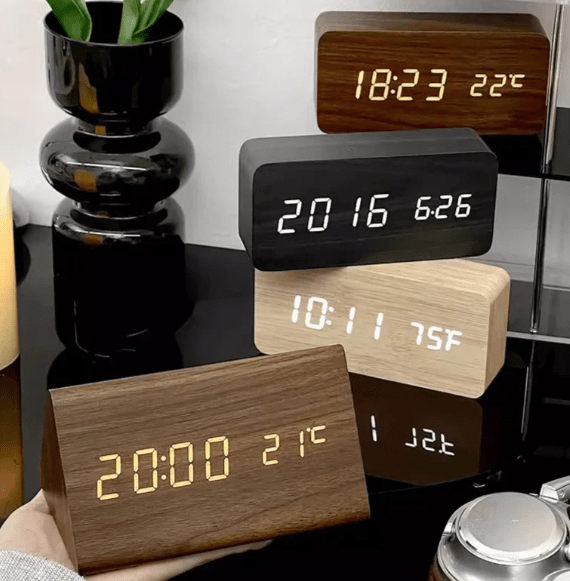 Voice control smart digital clock, ideal for modern bedroom decor.